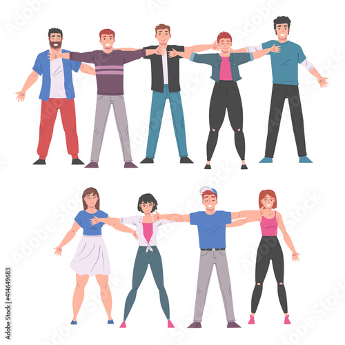 Happy People Standing Together Hugging Each Other, Friendship, Solidarity, Help and Support Cartoon Style Vector Illustration