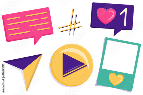 Icons for social networks, set in cartoon style, isolated on a white background. Vector illustration for blog design, likes and reposts