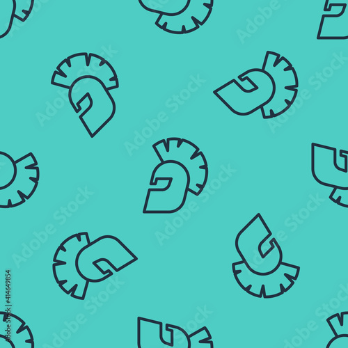 Black line Greek helmet icon isolated seamless pattern on green background. Antiques helmet for head protection soldiers with a crest of feathers or horsehair. Vector.