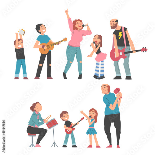 Grandparents Playing Musical Instruments and Singing with their Grandchildren Set, Happy Grandpa and Grandma Spending Good Time with Grandkids Vector Illustration