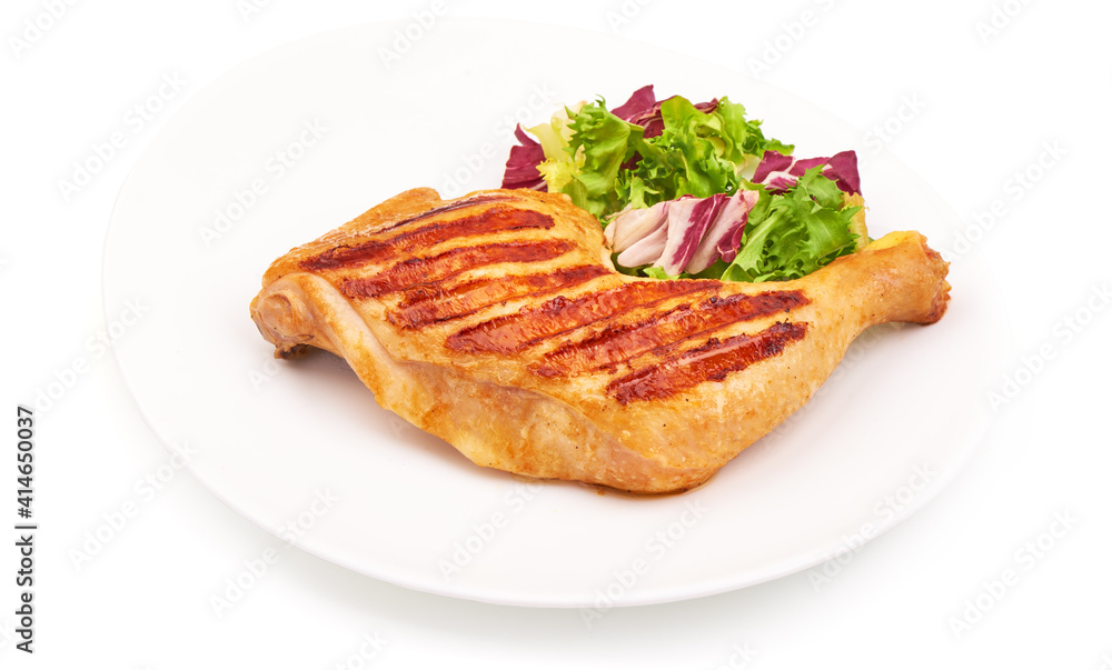Grilled chicken legs with mix salad, bbq quarters, isolated on white background Grilled chicken legs with mix salad, bbq quarters, isolated on white background