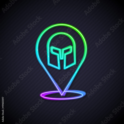 Glowing neon line Greek helmet icon isolated on black background. Antiques helmet for head protection soldiers with a crest of feathers or horsehair. Vector.