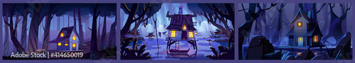 Wooden stilt houses on swamp in night forest. Backgrounds with old shacks with glow windows stand on piles in deep wood. Witch hut, computer game mystic nature landscape, Cartoon vector illustration