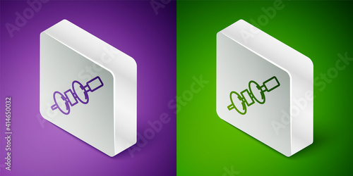 Isometric line Olive and cheese on chopstick icon isolated on purple and green background. Canape, tapas with cheese and olive. Silver square button. Vector.