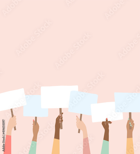 Hands of diverse woman hold empty banners with place for text. Flat vector illustration.