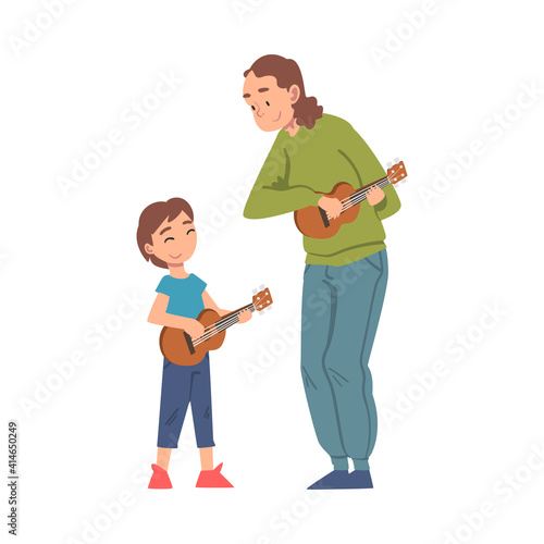 Grandma Playing Ukulele with Her Grandson, Grandparent Spending Good Time with Grandchild Cartoon Style Vector Illustration