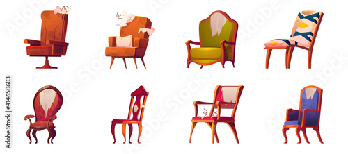 Broken chairs and armchairs old furniture isolated set, defected home interior objects with torn upholstery, sticking springs and fractured legs, junk on white background Cartoon vector illustration