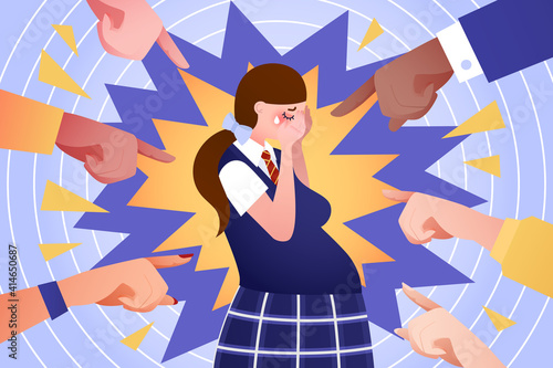 Social problem of teenage pregnancy - vector illustration. Pregnant teen girl cry, people point by fingers and shame her. Adolescent early pregnancy. Unwanted pregnancy schoolgirl or student photo