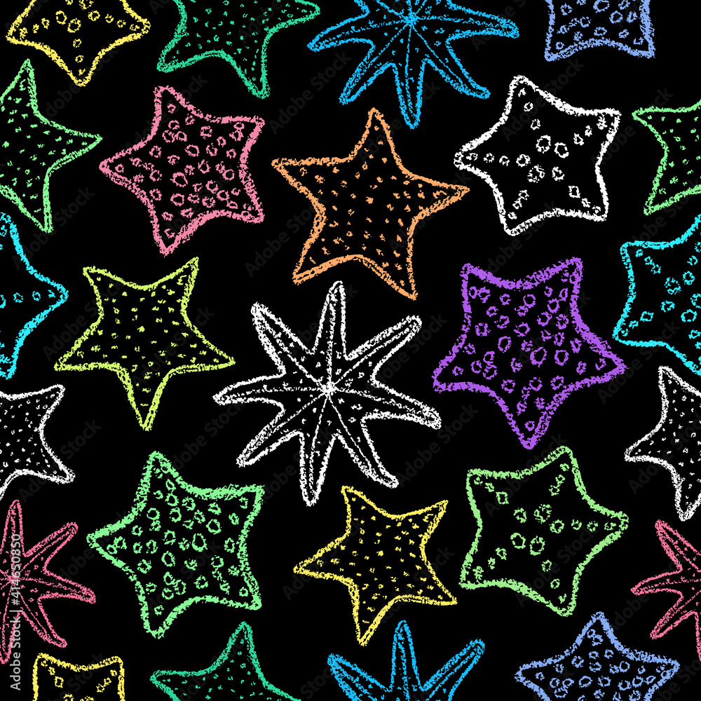 Chalk starfish background. Children drawing starfish hand drawn wax crayons art on black. Crayon style ocean animal backdrop. Color pastel crayons freehand drawn marine background. Fabric starfish. Chalk starfish background. Children drawing starfish hand drawn wax crayons art on black. Crayon style ocean animal backdrop. Color pastel crayons freehand drawn marine background. Fabric starfish.
