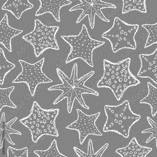 Chalk starfish background. Children drawing starfish hand drawn wax crayons art on grey. Crayon style ocean animal backdrop. Color pastel crayons freehand drawn marine background. Fabric starfish.