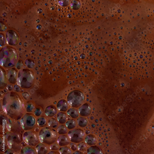 Dark coffee foam top view. Close up of brown foam bubbles. Vector illustration of background or wallpaper. Energetic caffeine symbol.