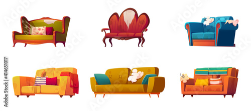 Old dirty couches with torn upholstery and sticking springs. Vector cartoon set of broken furniture for living room, old sofas with pillows and spiderweb isolated on white background
