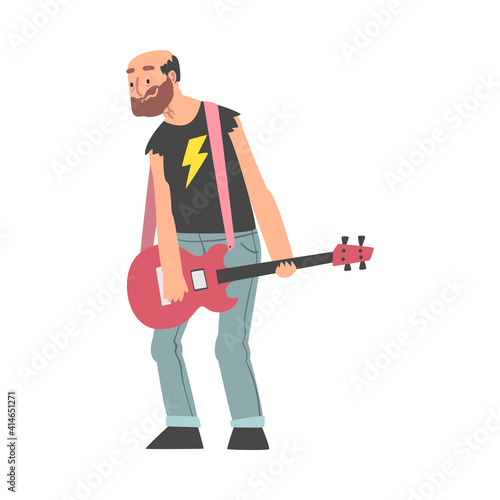 Elderly Man Playing Guitar, Old Man Musician Character Cartoon Style Vector Illustration