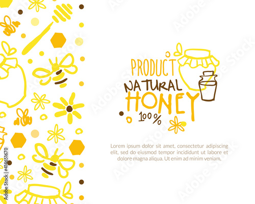Natural Honey Product Banner Template with Space for Text, Apiary and Beekeeping Organic Products Brochure, Flyer, Poster, Card Cartoon Vector Illustration