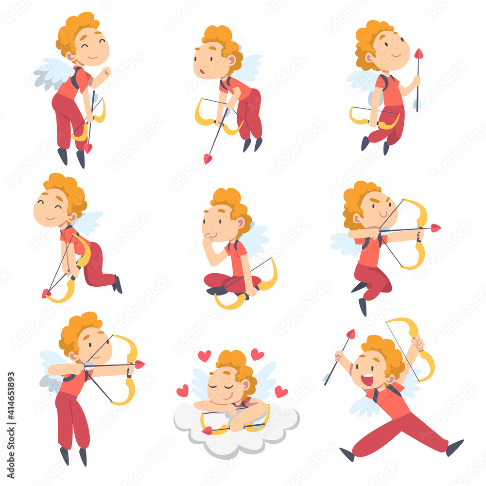 Cute Happy Cupid Boys with Wings Collection, Joyful Kids Angels Dressed Red Casual Clothes Flying with Bow Cartoon Style Vector Illustration Cute Happy Cupid Boys with Wings Collection, Joyful Kids Angels Dressed Red Casual Clothes Flying with Bow Cartoon Style Vector Illustration