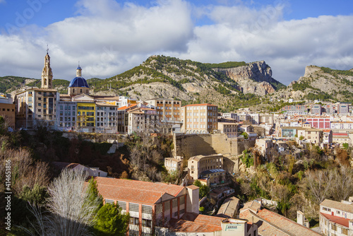 Panoramic view of Alcoy, Spain. Industrial cityscape surrounded by mountains. photo