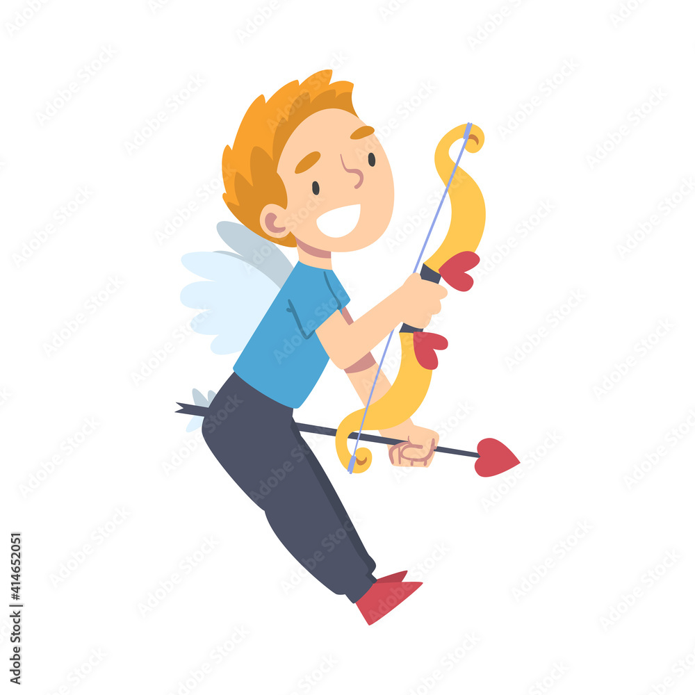Cute Happy Cupid Boy, Adorable Joyful Kid Angel Cherub Shooting with Bow and Arrow Cartoon Style Vector Illustration Cute Happy Cupid Boy, Adorable Joyful Kid Angel Cherub Shooting with Bow and Arrow Cartoon Style Vector Illustration