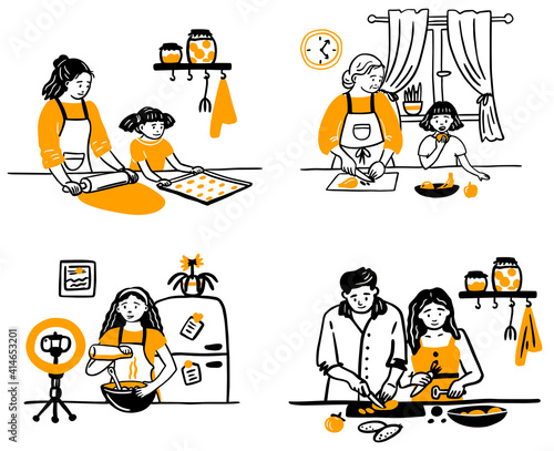 Vector set of happy family cooks in the kitchen. girl with boyfriend, mom with child, blogger hand-drawn style of vector doodle design illustrations. sketch. on an isolated white background
