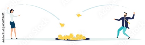The concept portrays useless. Unrealizable ideas. Man and woman throw unwanted ideas into the pit. Vector illustration.