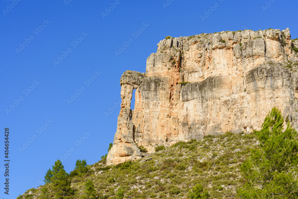 Big rock formations, cliffs, famous hiking route in Spain. Copy Space.