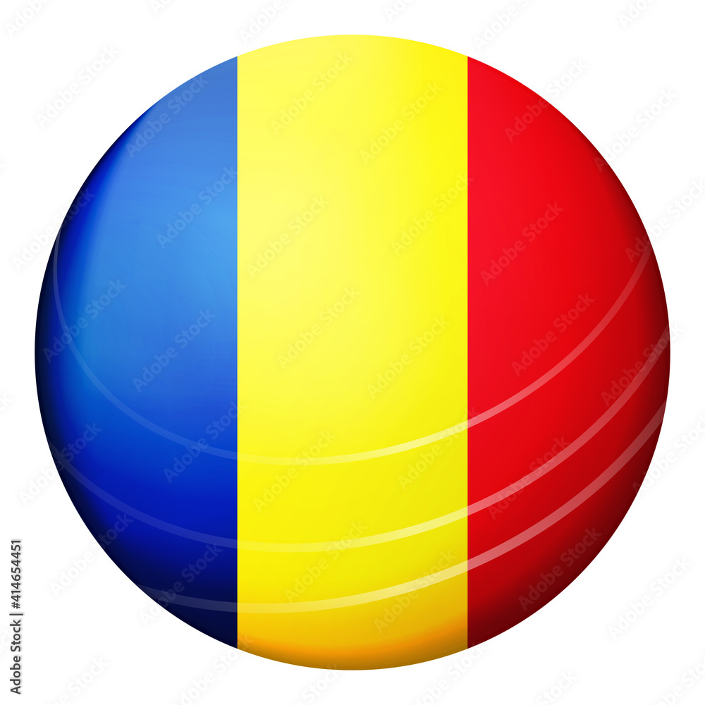 Glass light ball with flag of Romania. Round sphere, template icon. Romanian national symbol. Glossy realistic ball, 3D abstract vector illustration highlighted on a white background. Big bubble.