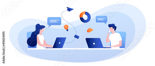 Flat design concept of business analysis, man and woman working together on analytics. Vector illustration for website banner. The concept of online advertising, promotion. Stock illustration EPS 10