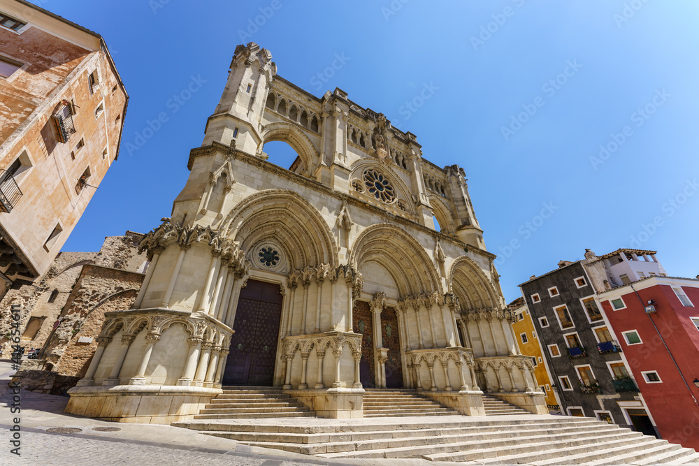 Cuenca, Spain. June 27, 2020. Cuenca cathedral main facade, first gothic-style cathedral in the Iberian peninsula  (together with Avila's one). It is located in the old town, UNESCO World Heritage. 