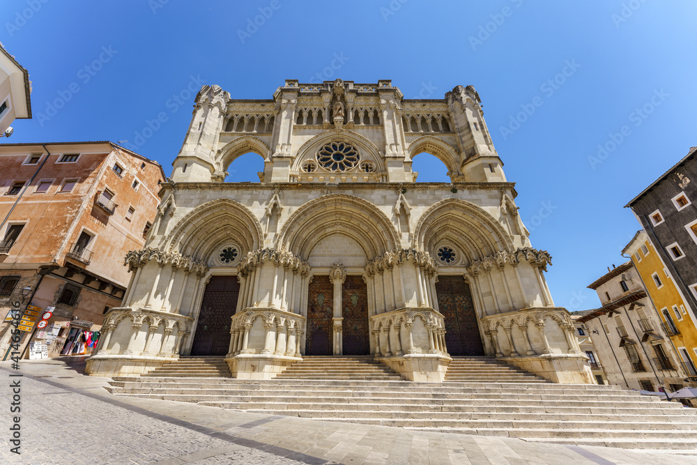 Cuenca, Spain. Cuenca cathedral main facade, first gothic-style cathedral in the Iberian peninsula  (together with Avila's one). It is located in the old town, UNESCO World Heritage. 