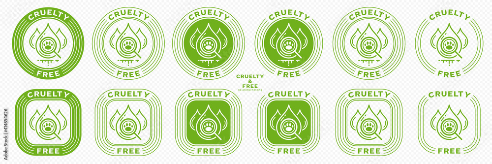 Concept for product packaging. Marking - cruelty free and not tested on animals. Animal test drops symbol with magnifying glass and animal footprint - as a symbol of freedom from testing. Vector set. Concept for product packaging. Marking - cruelty free and not tested on animals. Animal test drops symbol with magnifying glass and animal footprint - as a symbol of freedom from testing. Vector set.