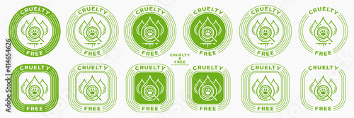 Concept for product packaging. Marking - cruelty free and not tested on animals. Animal test drops symbol with magnifying glass and animal footprint - as a symbol of freedom from testing. Vector set.