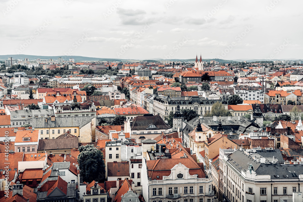 Fototapeta premium Aerial view of Pilsen, Czech Republic. Toned photo.