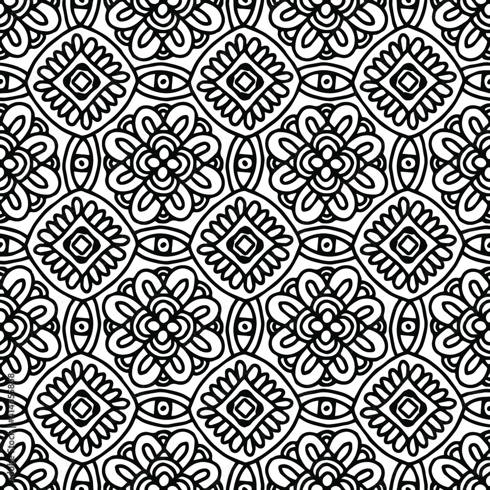 seamless tile drawn with folk style floral ornaments on a white background for coloring, vector seamless tile drawn with folk style floral ornaments on a white background for coloring, vector