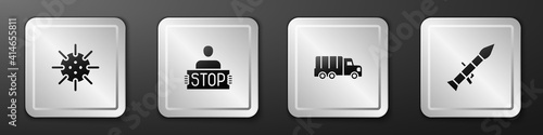 Set Naval mine, Stop war, Military truck and Rocket launcher icon. Silver square button. Vector.