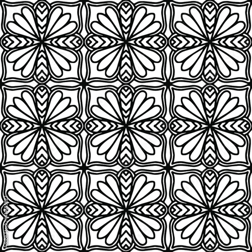 seamless mosaic drawn with flowers and ornaments on a white background for coloring, vector