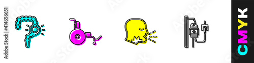 Set Gut constipation, Wheelchair, Man coughing and IV bag icon. Vector.