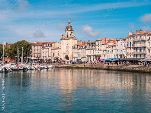 La Rochelle  France. View of  vieux port  in La Rochelle. Famous summer destination for French people. In the background the  Tour de l Horloge 