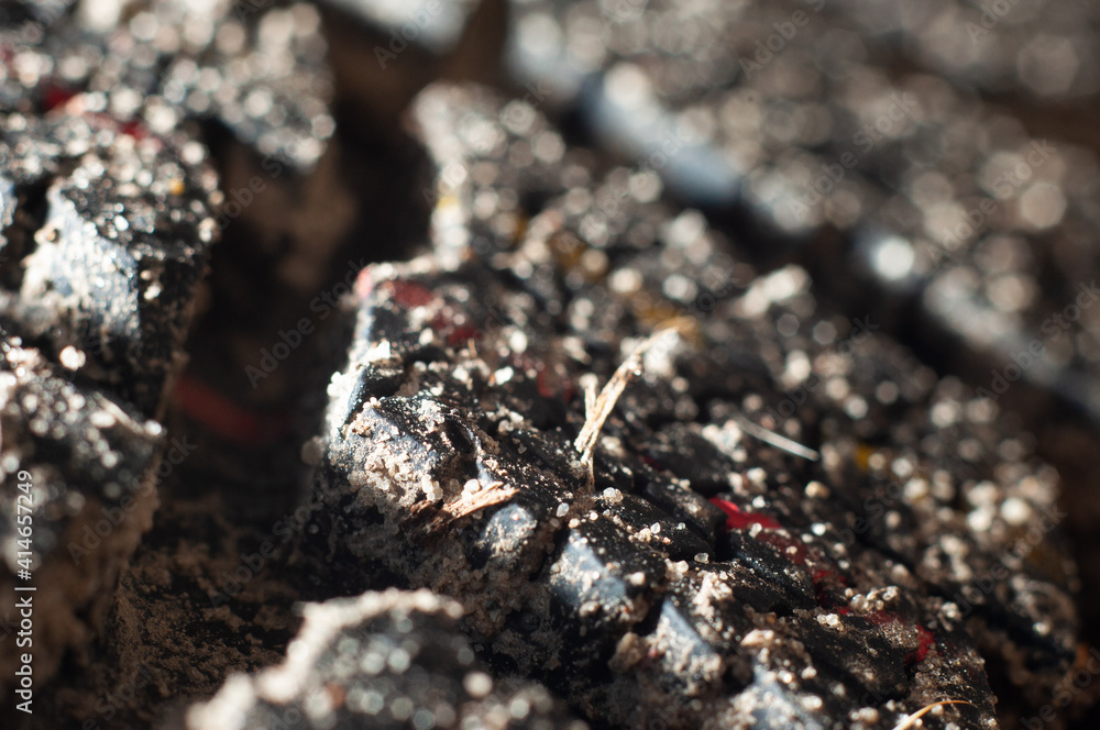 Mud rubber with good tread close-up in mud, close-up Mud rubber with good tread close-up in mud, close-up