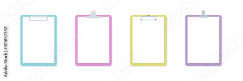 Clipboard icon set. Different paperclip. Empty white paper. Multicolor. Vector illustration, flat design photo