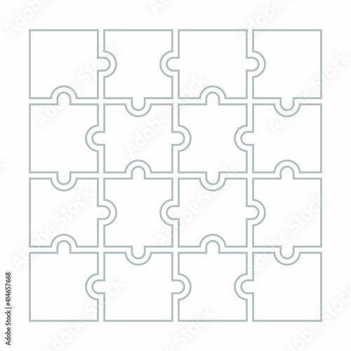 Sixteen blank puzzle pieces. Puzzle for web, information or presentation design, infographics. White puzzle on white background. Vector illustration
