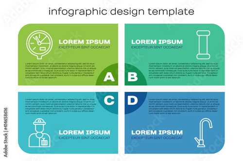 Set line Plumber, Water meter, Water tap and Industry metallic pipe. Business infographic template. Vector.