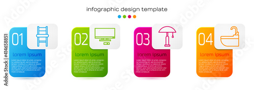 Set line Chair, Smart Tv, Table lamp and Washbasin with water tap. Business infographic template. Vector.