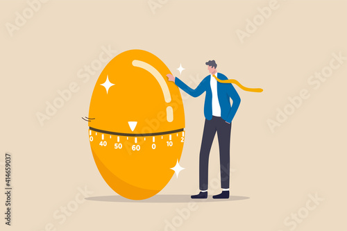 Retirement pension fund, IRA, 401K, Roth or ISA account in UK, investment for money to use after retirement concept, businessman standing with countdown timer golden egg move approaching retired age.
