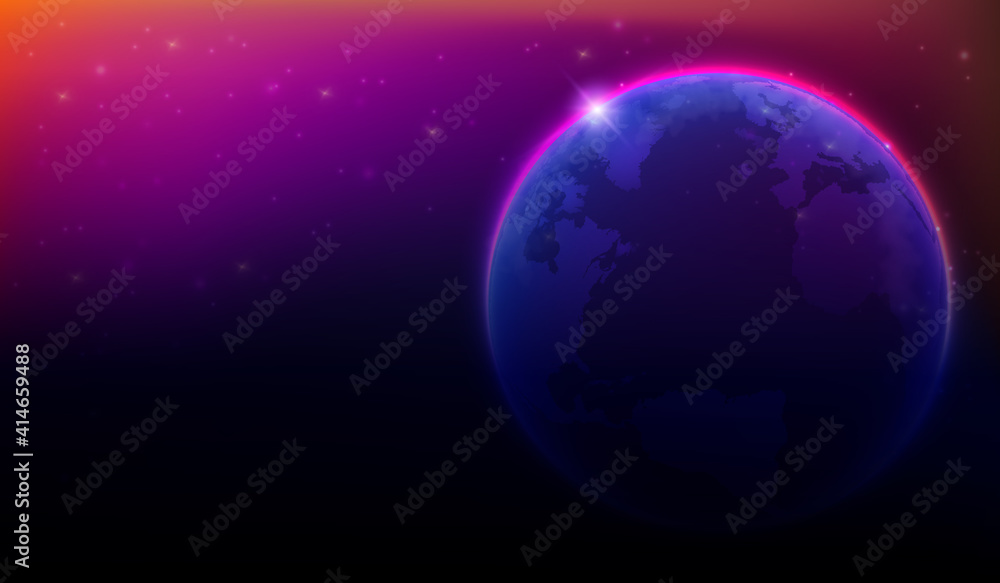 Map of the planet. World map. Global social network. Future. Vector. Violet and blue futuristic background with planet Earth. Internet and technology.