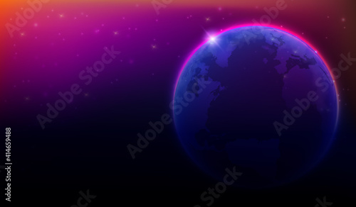 Map of the planet. World map. Global social network. Future. Vector. Violet and blue futuristic background with planet Earth. Internet and technology.