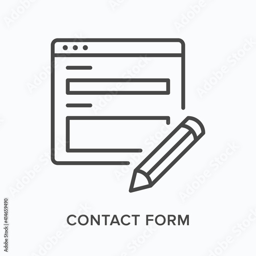 Contact form flat line icon. Vector outline illustration of paper and pencil. Black thin linear pictogram for information document