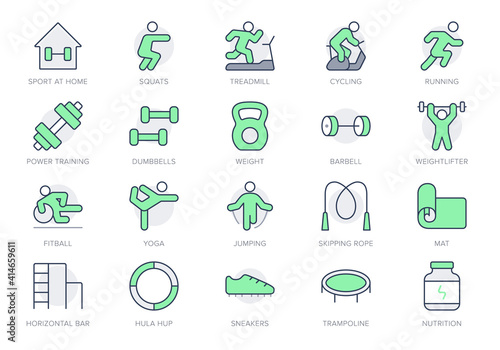 Sport at home simple line icons. Vector illustration with icon - weight workout, jogging, yoga, squats, cardio, fitball training, skipping rope, weightlifter. Green Color, Editable Stroke
