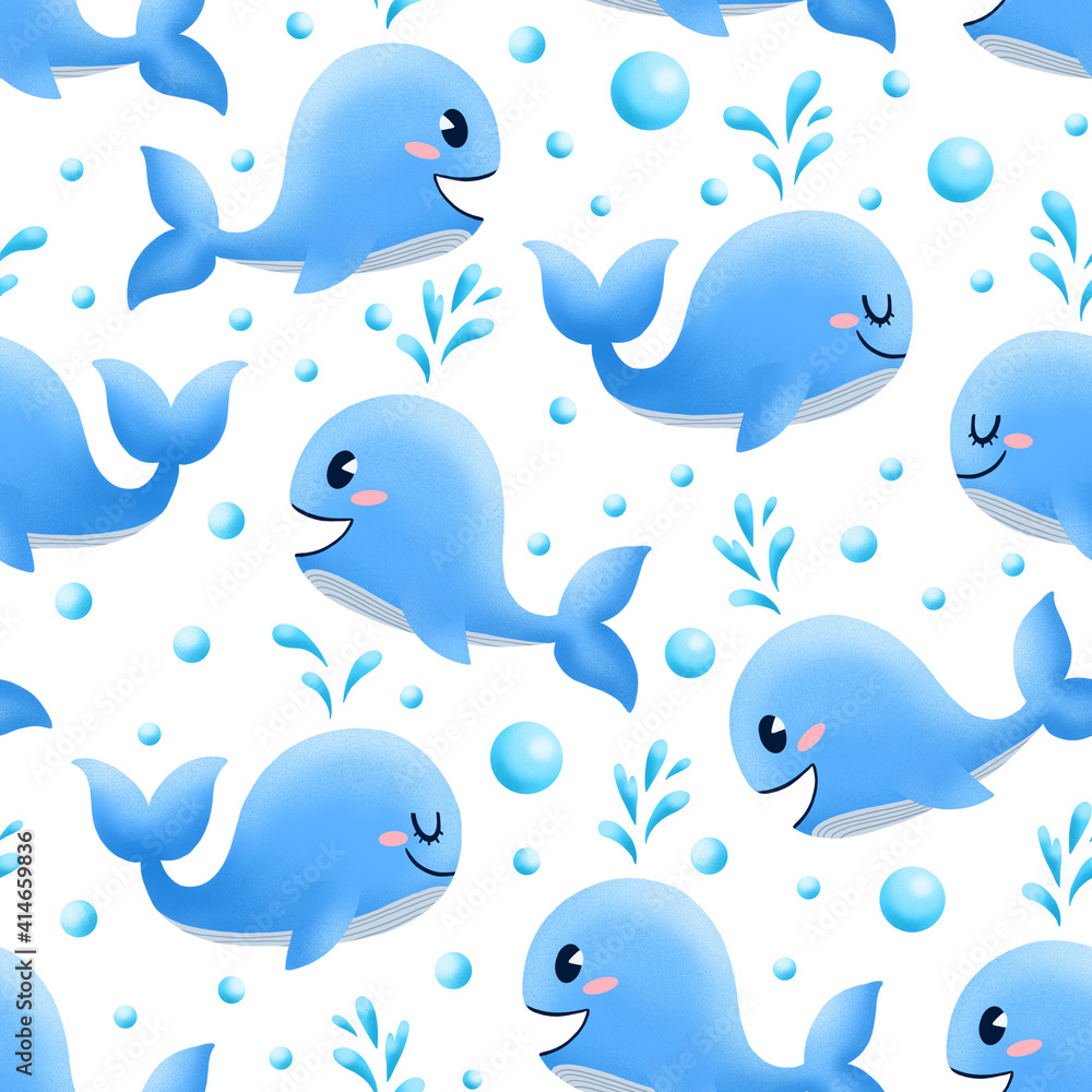 Blue whales seamless pattern. Childish illustration for nursery room. Ocean design for wrapping paper, textile, fabric, print. Cartoon whales on white background. Blue whales seamless pattern. Childish illustration for nursery room. Ocean design for wrapping paper, textile, fabric, print. Cartoon whales on white background.