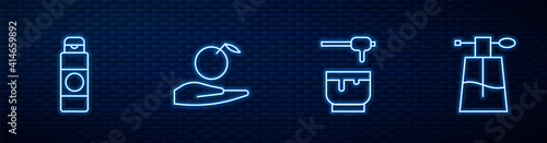 Set line Honey dipper stick and bowl, Cream or lotion cosmetic tube, Apple in hand and Perfume. Glowing neon icon on brick wall. Vector.