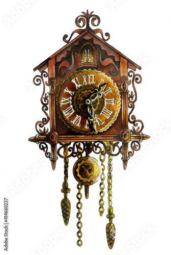 Vintage German cuckoo clock. The carved retro clock is isolated on a white background. Beautiful watercolor illustration for books and holiday cards. For design and decoration