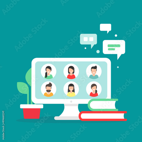 Webinar, online class, remote team work concept. Learn and study via teleconference or video course.